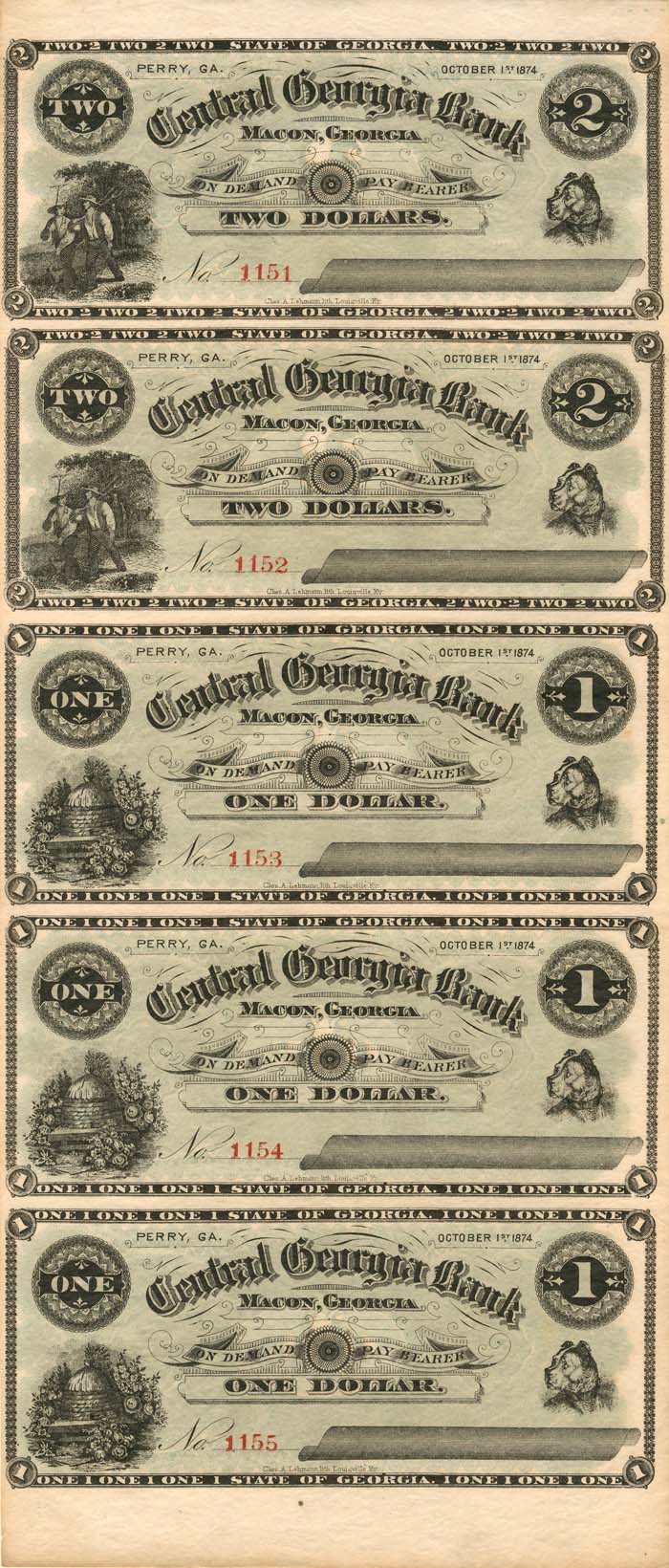 Central Georgia Bank - Uncut Obsolete Sheet - Broken Bank Notes